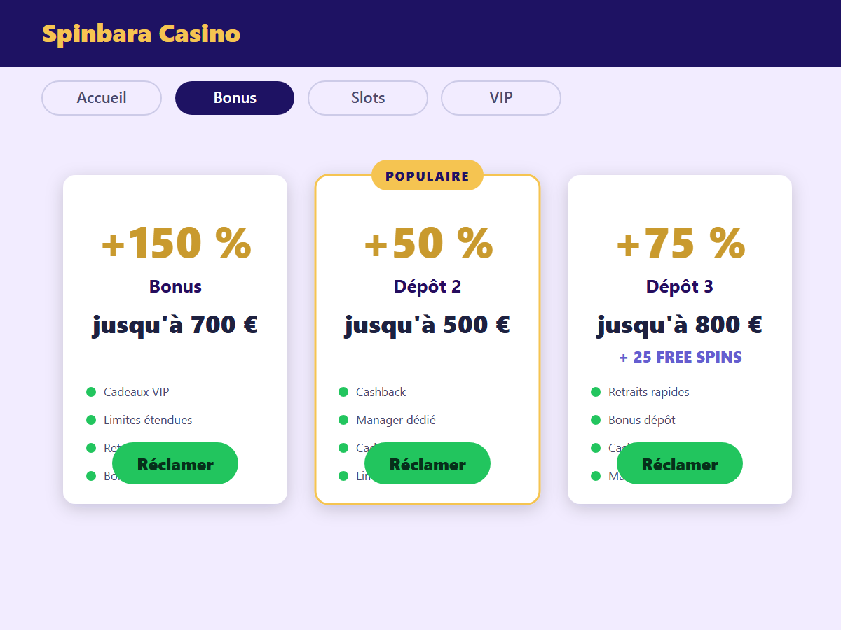 Bonus de bienvenue Spinbara Casino