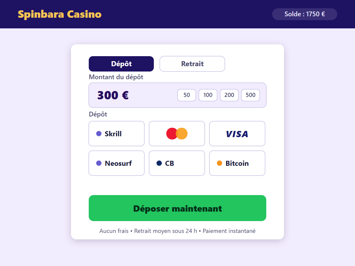 Page de dépôt Spinbara Casino — méthodes de paiement