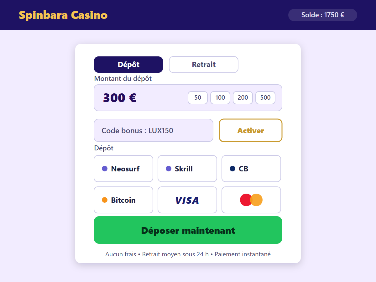 Page de dépôt Spinbara Casino — méthodes de paiement