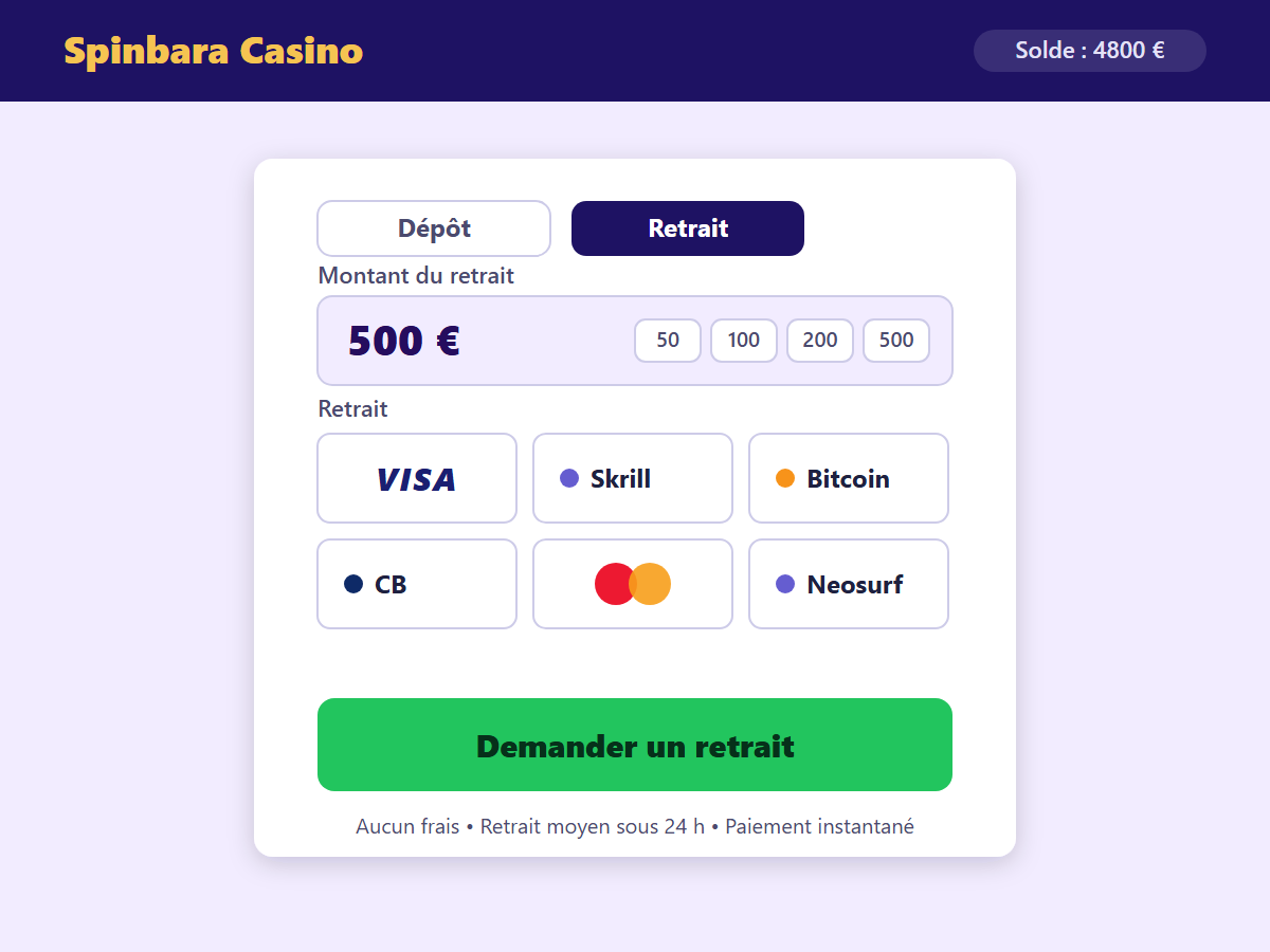 Page de dépôt Spinbara Casino — méthodes de paiement
